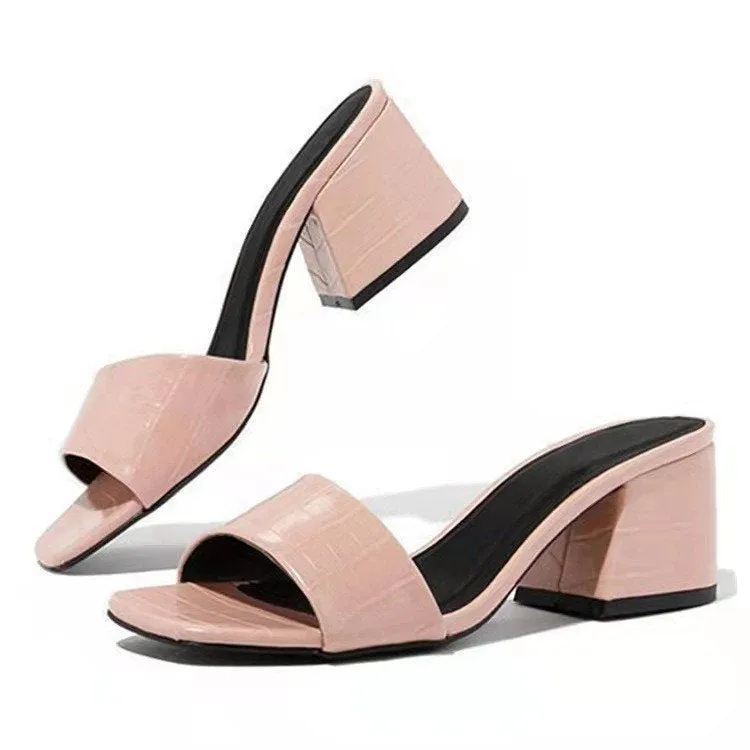 INSTOCK-Thick Heel Outerwear Square Toe Ladies slippers.