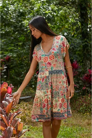Johnny Was Aztec Flower Tiered Hem Dress Red Floral Short Flowers XXL Beige NEW