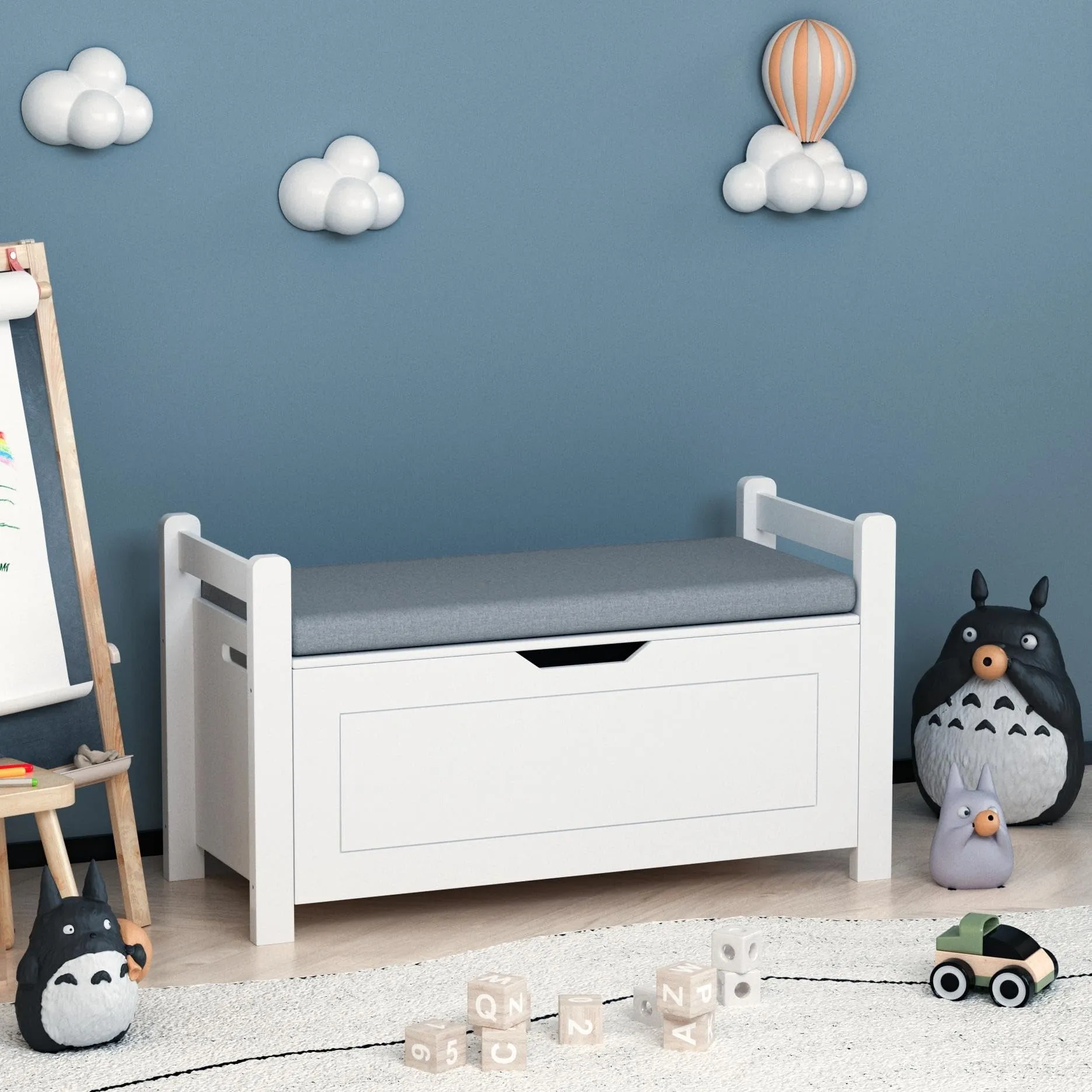 Kids Toy Box Bench Rubber Wood Large Storage Cushion Seat with
