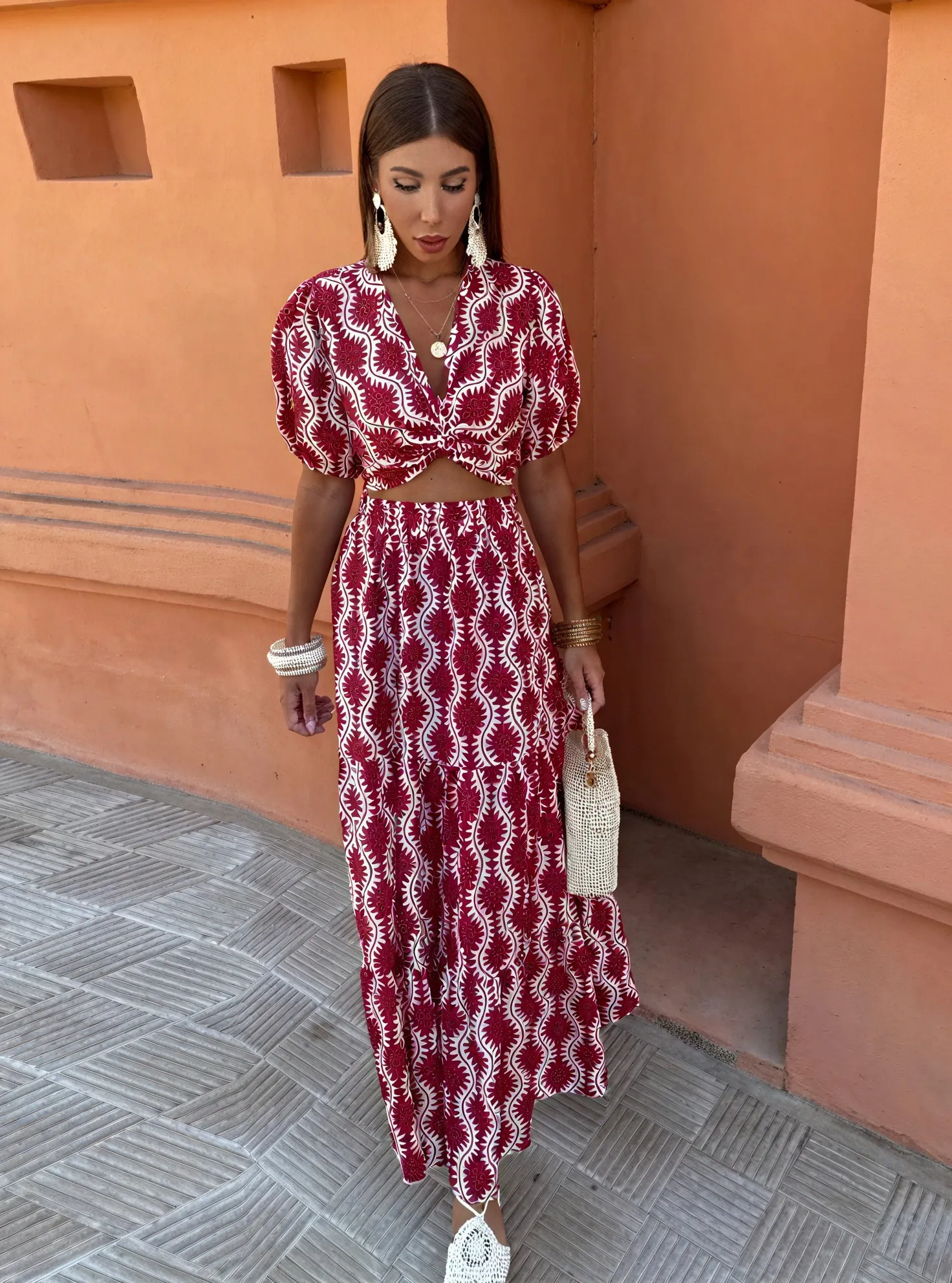 Knotted Crop Top & Flowing Maxi Skirt Set