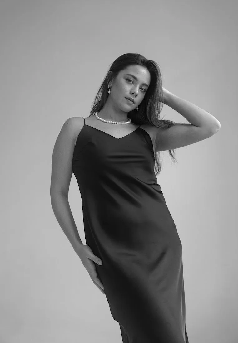 LEA SATIN SILK MIDI SLIP DRESS BLACK