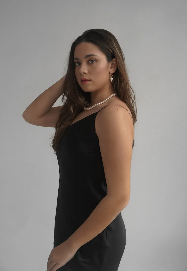 LEA SATIN SILK MIDI SLIP DRESS BLACK