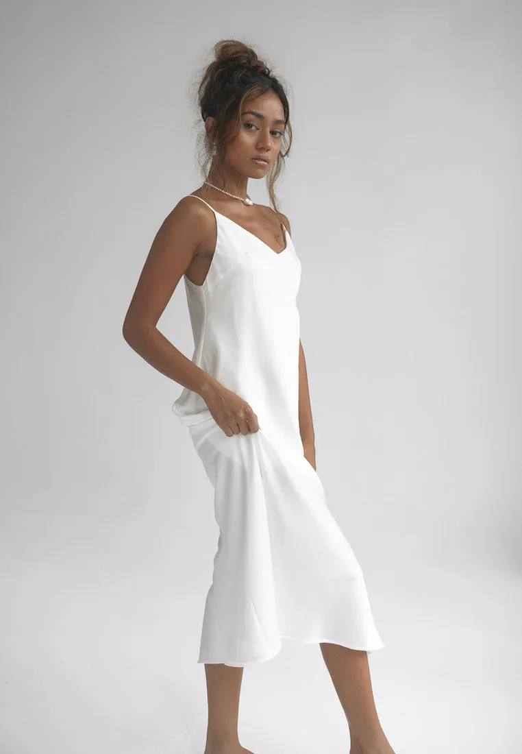 LEA SATIN SILK MIDI SLIP DRESS WHITE
