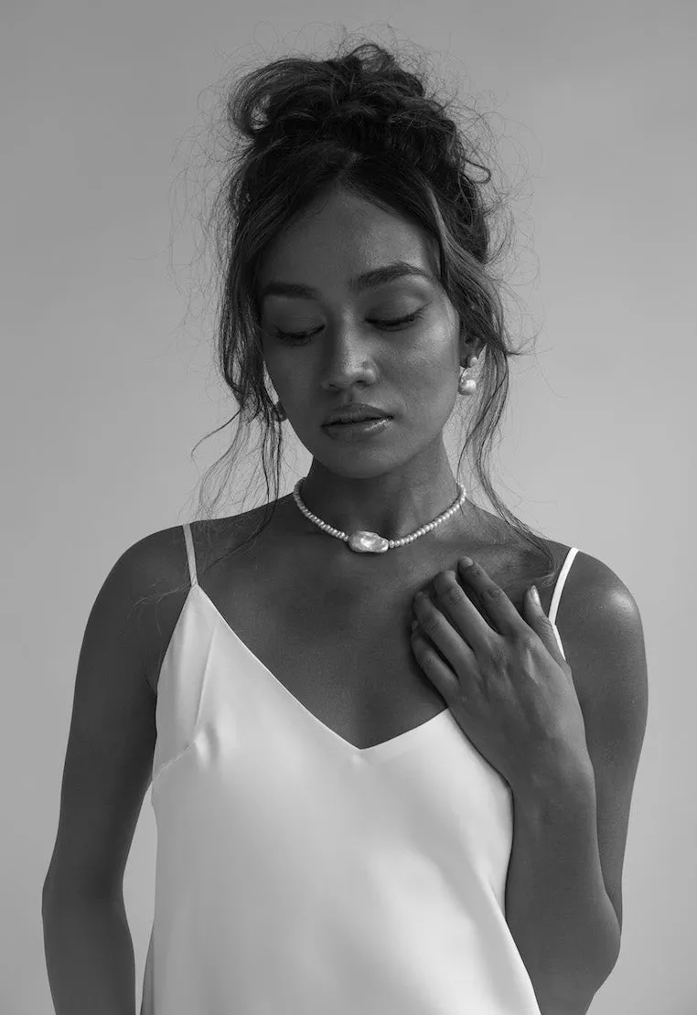 LEA SATIN SILK MIDI SLIP DRESS WHITE