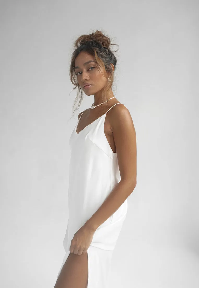 LEA SATIN SILK MIDI SLIP DRESS WHITE