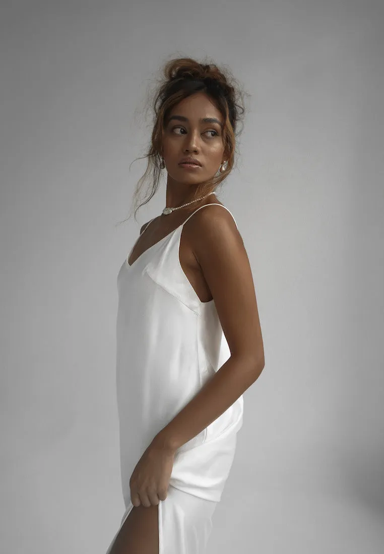 LEA SATIN SILK MIDI SLIP DRESS WHITE