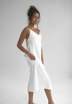 LEA SATIN SILK MIDI SLIP DRESS WHITE