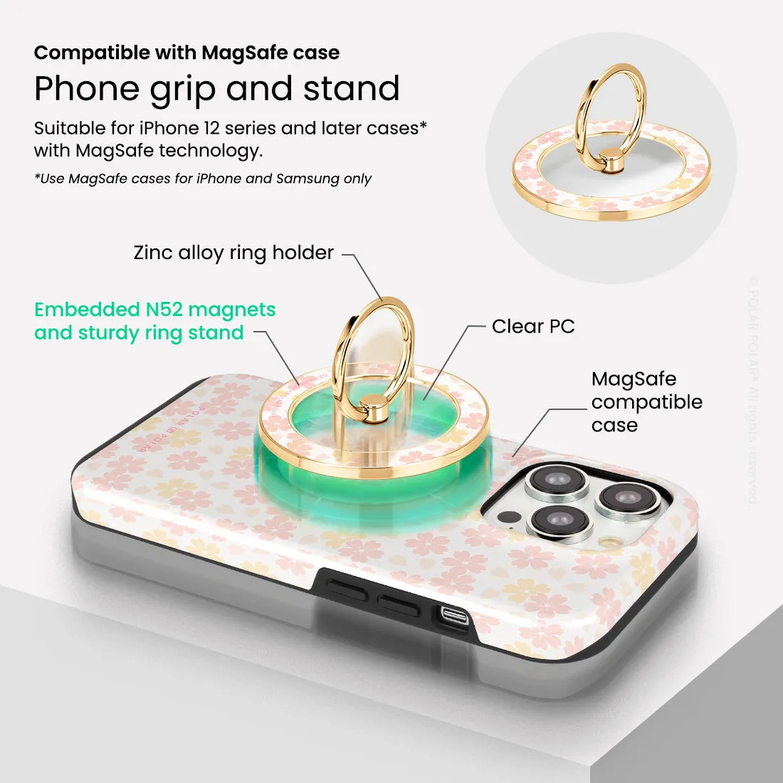 Light Pink Sakura - Golden MagSafe Phone Grip and Ring Holder Stand