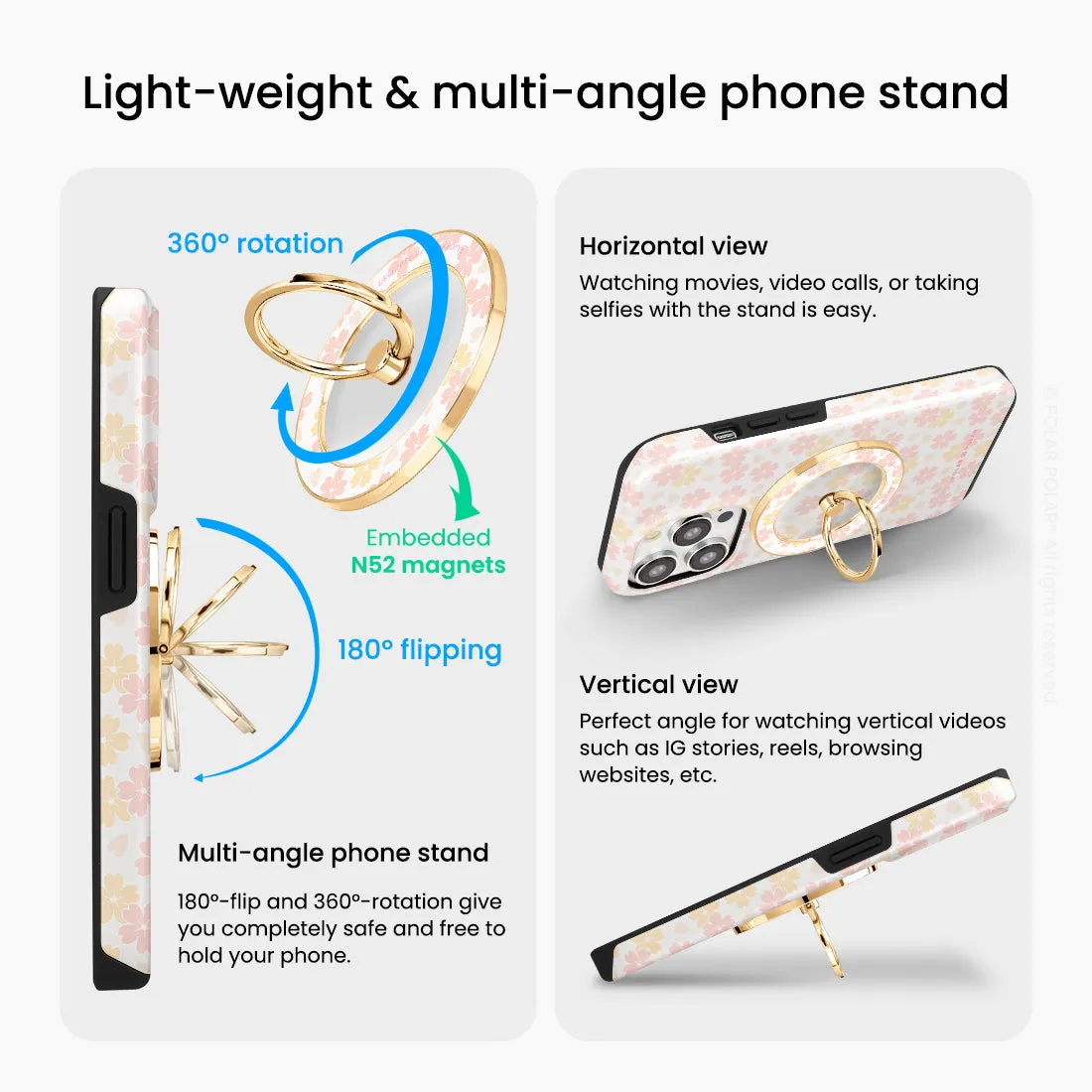 Light Pink Sakura - Golden MagSafe Phone Grip and Ring Holder Stand
