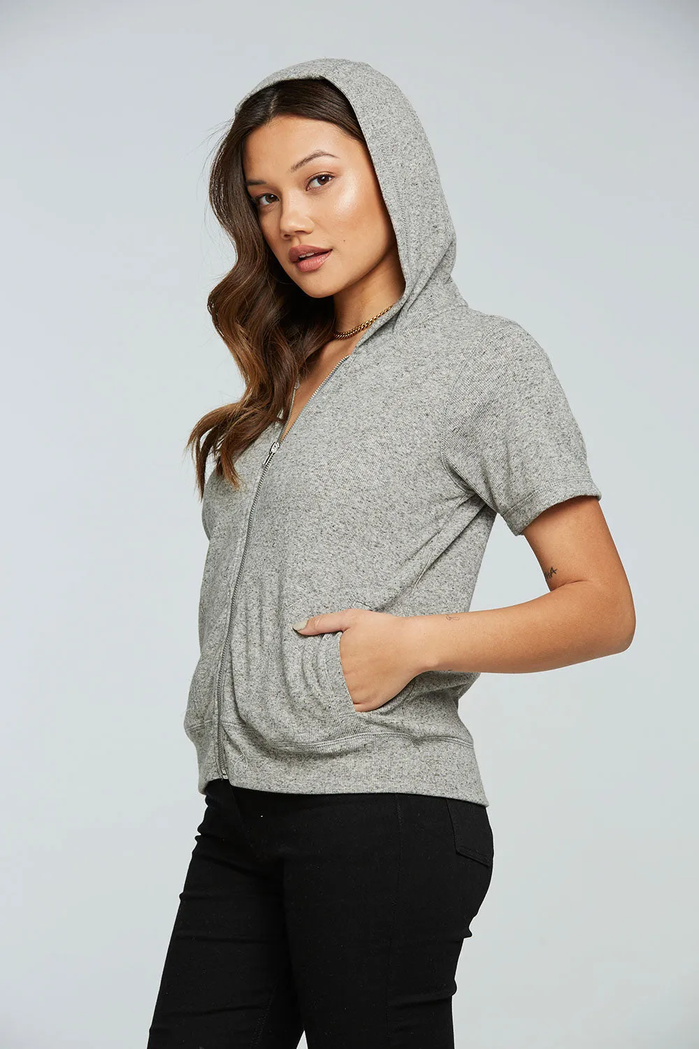 Linen Rib Short Sleeve Zip Up Hoodie