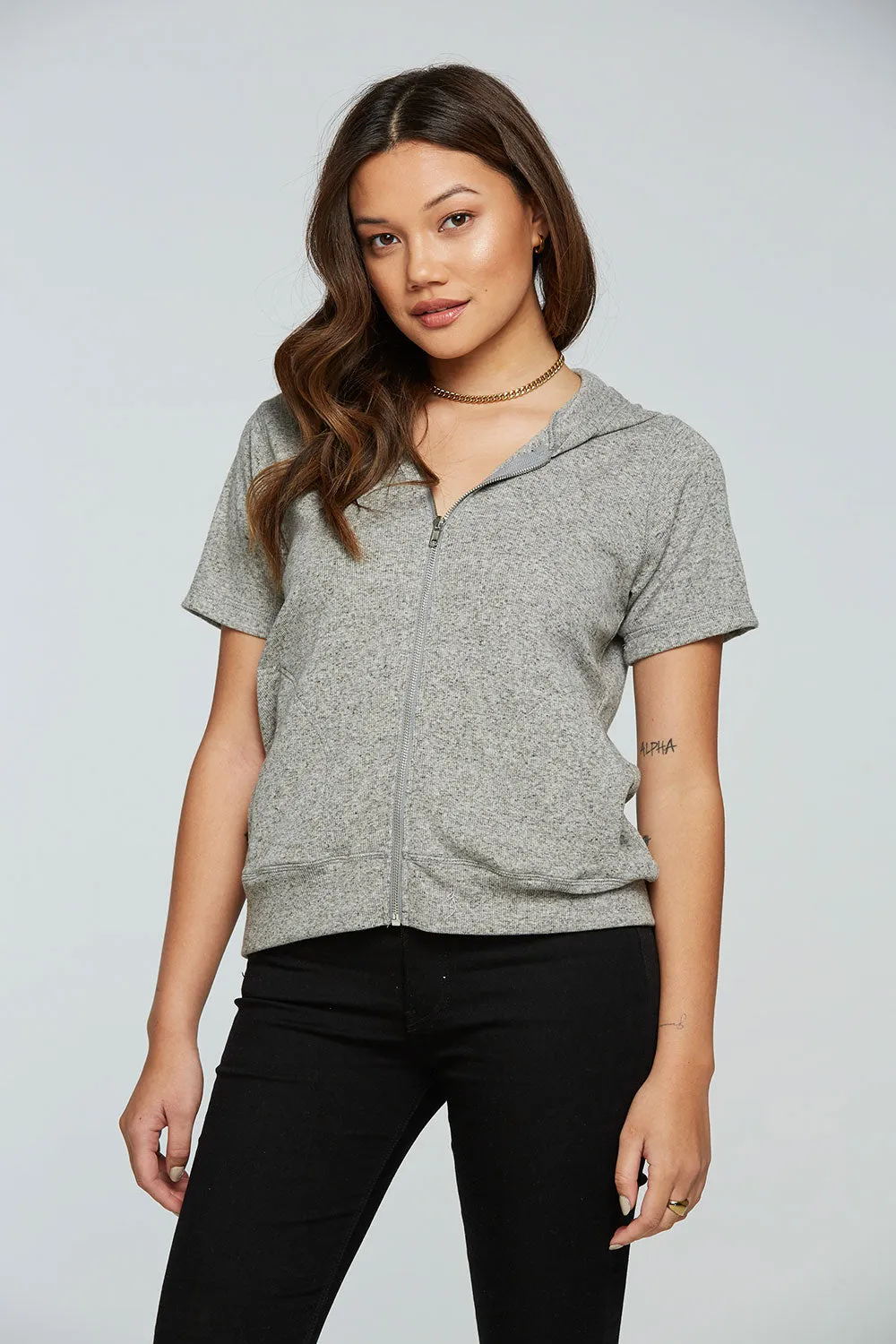 Linen Rib Short Sleeve Zip Up Hoodie