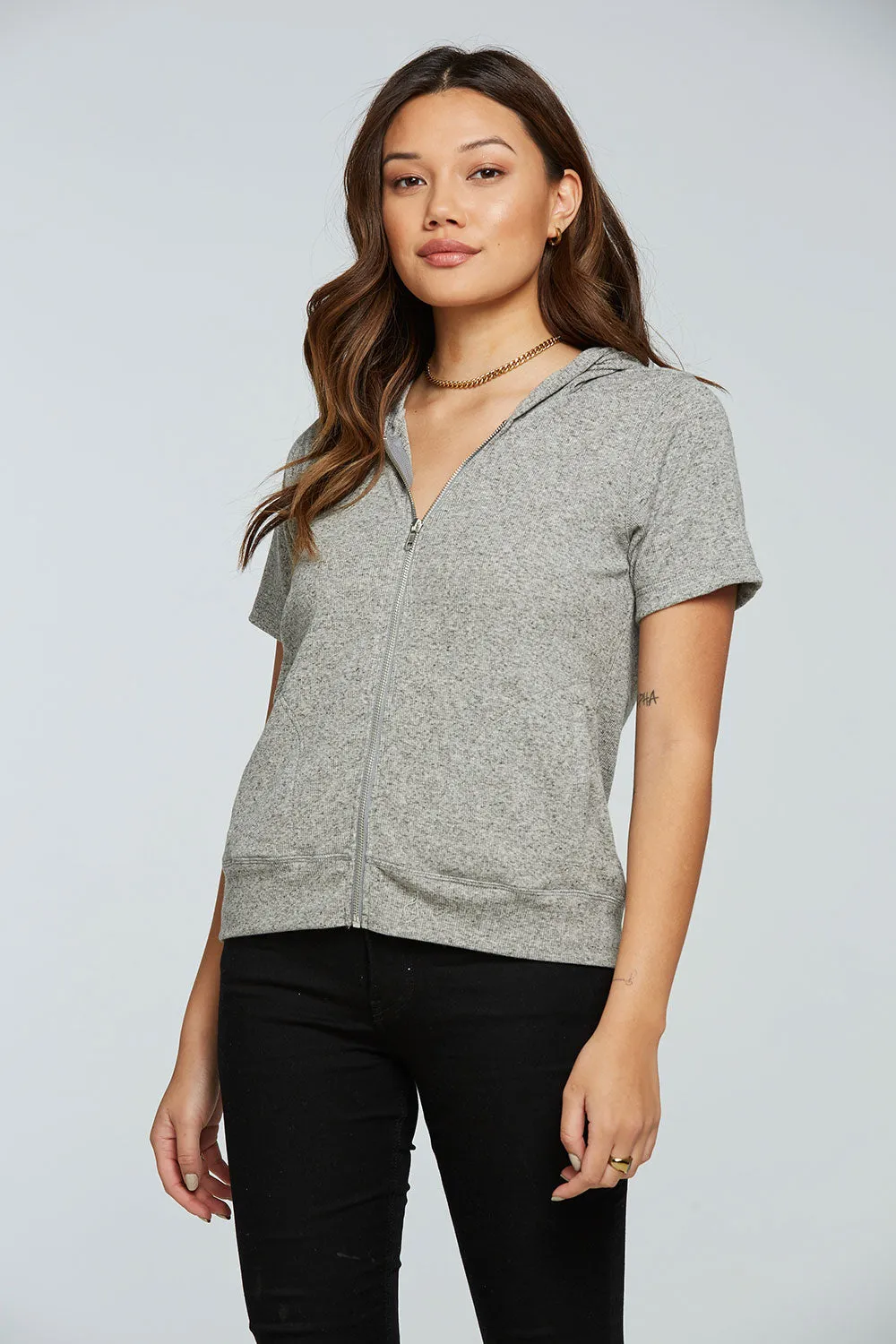Linen Rib Short Sleeve Zip Up Hoodie