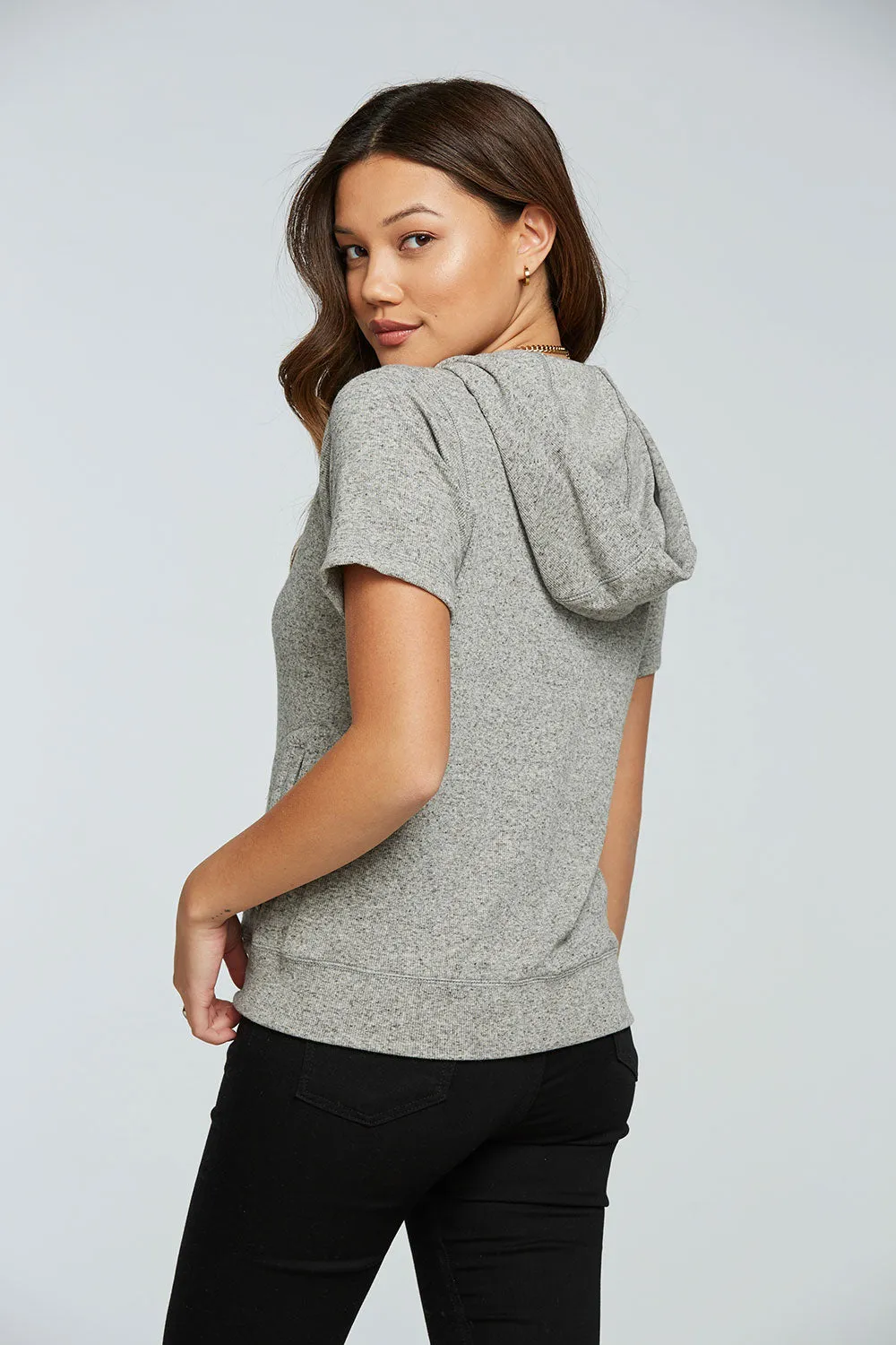 Linen Rib Short Sleeve Zip Up Hoodie