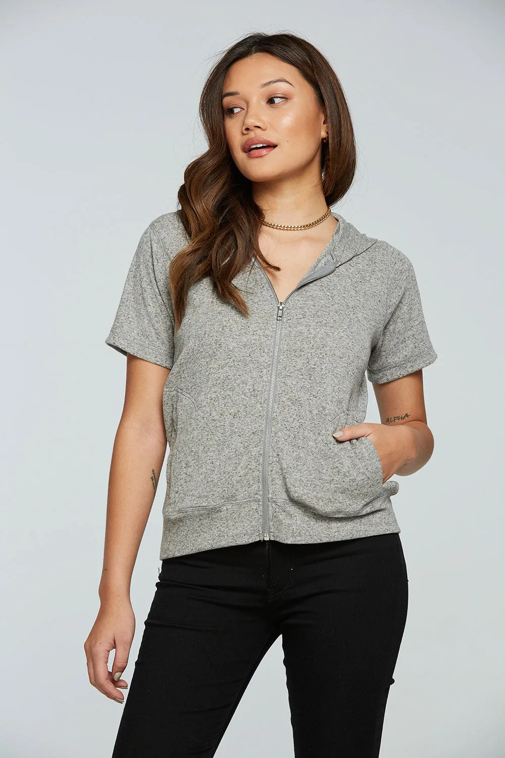 Linen Rib Short Sleeve Zip Up Hoodie