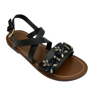 Marni Black Multi Bejeweled Leather Flat Sandals