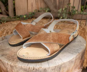MENS LEATHER 2 strap brown COWHAIR mexican sandals with tire sole Size 9 Huarache pelo de vaca