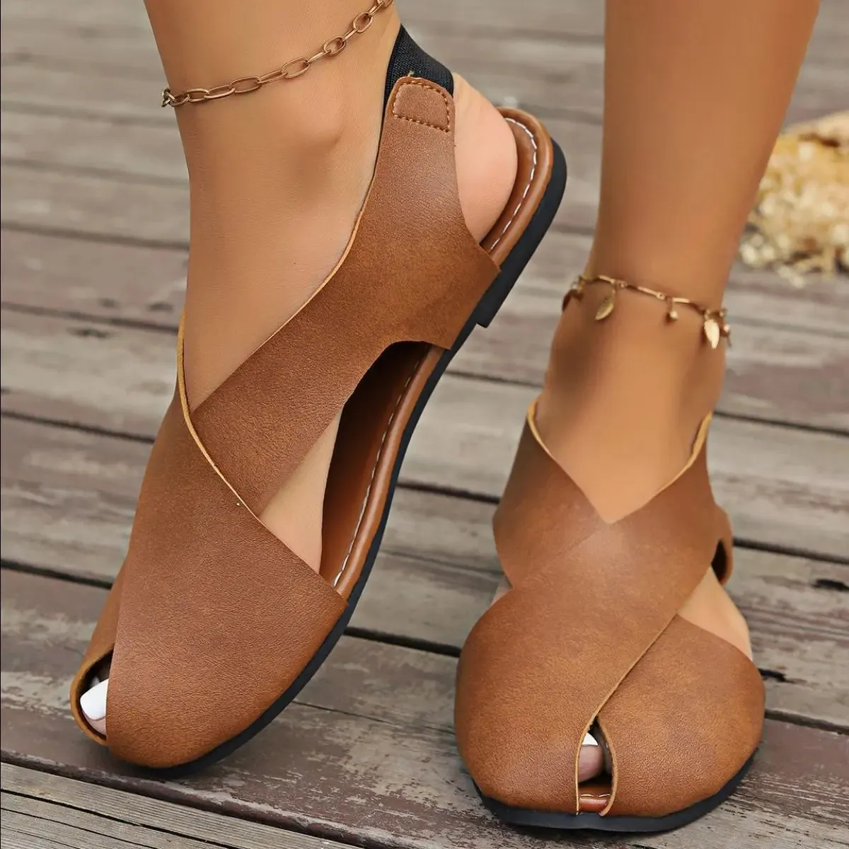 'Parisa' Cross Strap Round Toe Flat Sandals