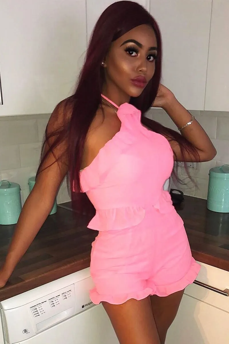 Pink Crepe Frill Playsuit - Luanna