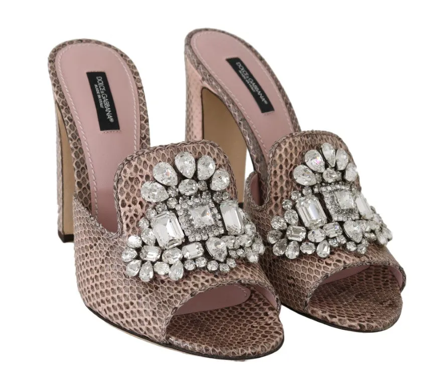 Pink Snakeskin Leather Crystal Slides