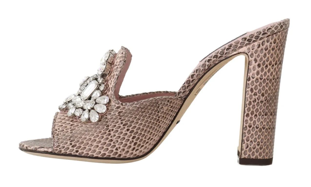 Pink Snakeskin Leather Crystal Slides