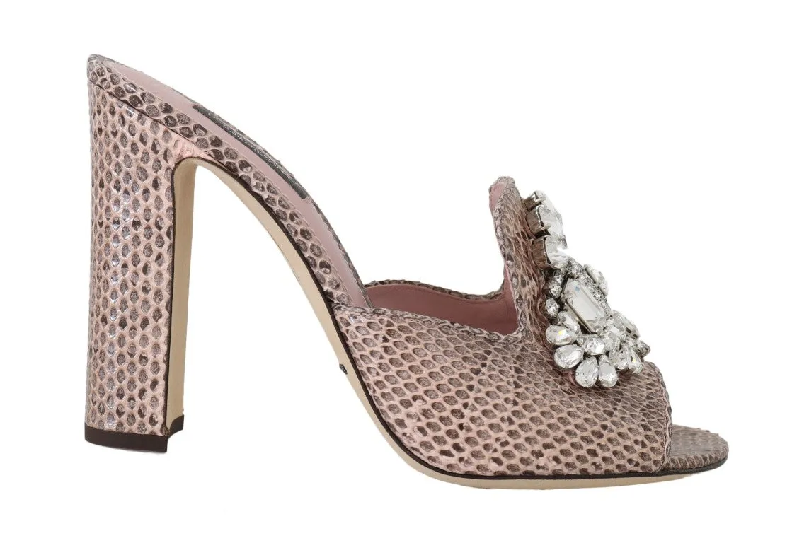 Pink Snakeskin Leather Crystal Slides