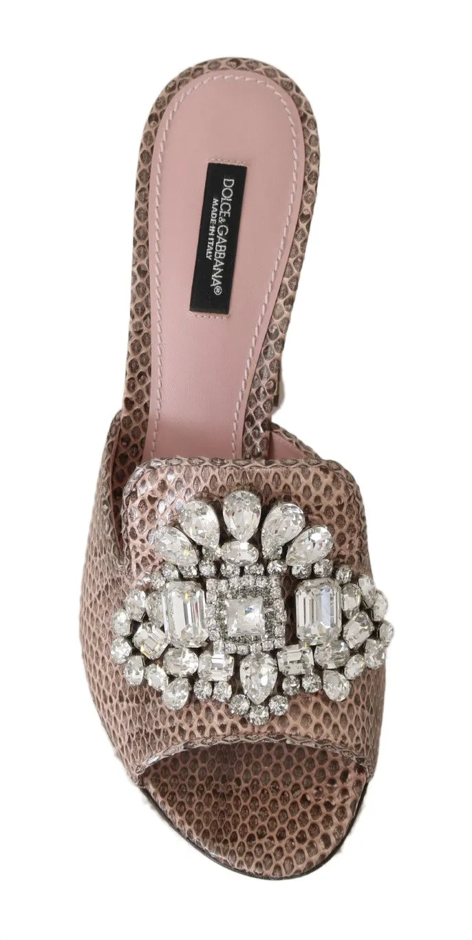 Pink Snakeskin Leather Crystal Slides