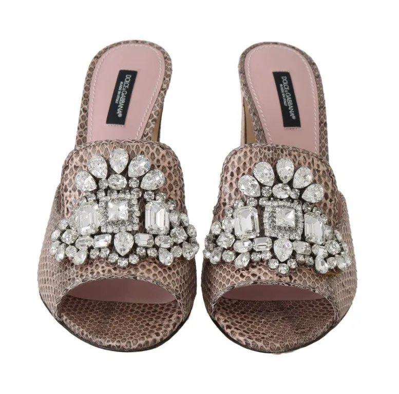 Pink Snakeskin Leather Crystal Slides