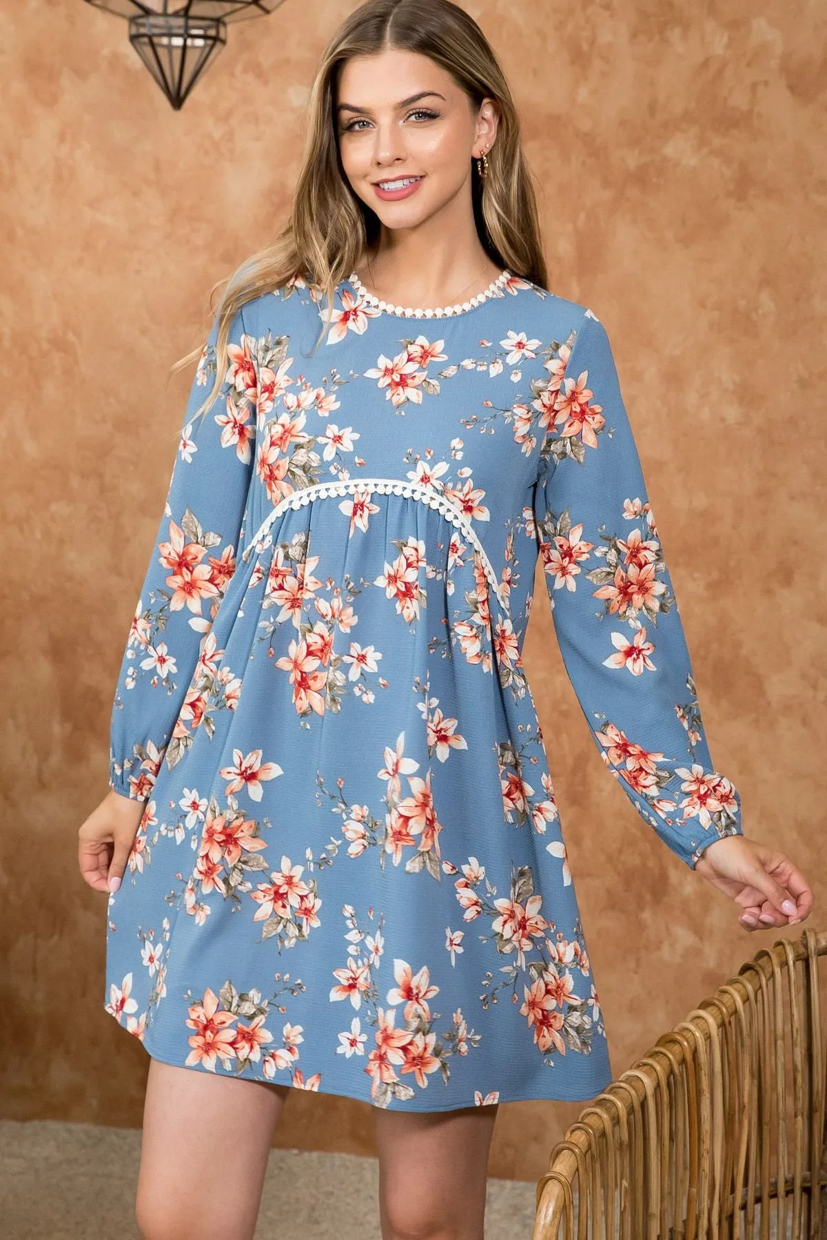 Ribbon Detail  Neck Line Long Sleeve Floral Top