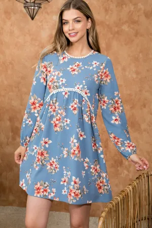 Ribbon Detail  Neck Line Long Sleeve Floral Top