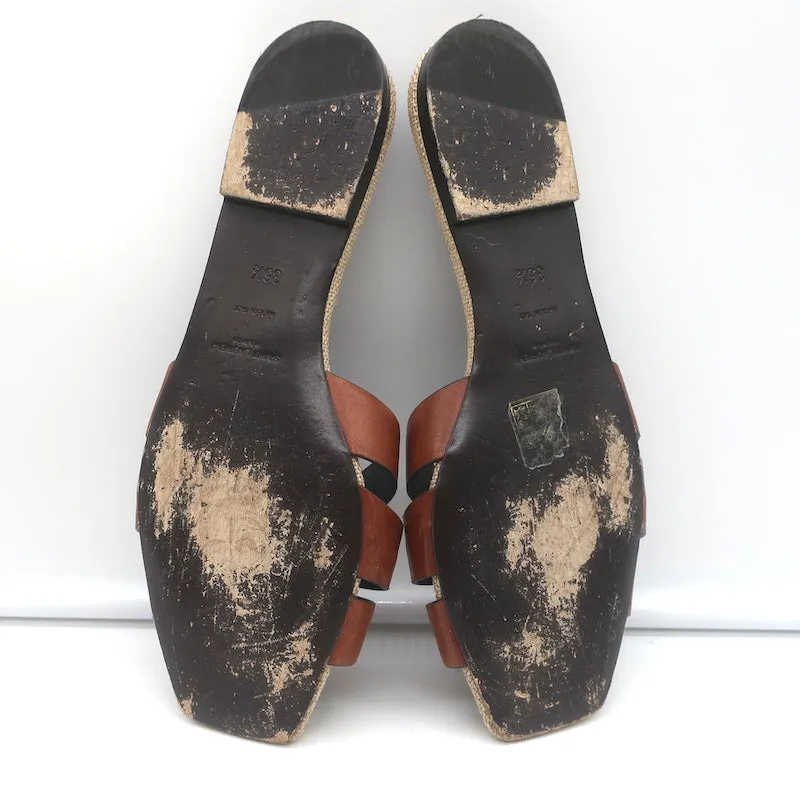 Saint Laurent Nu Pieds Tribute Slide Sandals Brown Leather & Canvas Size 36.5