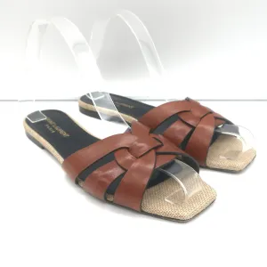 Saint Laurent Nu Pieds Tribute Slide Sandals Brown Leather & Canvas Size 36.5