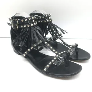 Saint Laurent Studded Fringe Sandals Black Leather Size 40.5 Flat Thong