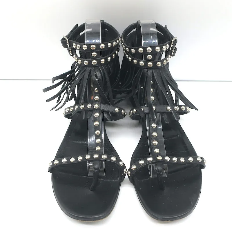 Saint Laurent Studded Fringe Sandals Black Leather Size 40.5 Flat Thong