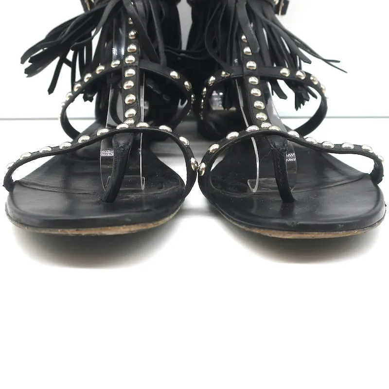 Saint Laurent Studded Fringe Sandals Black Leather Size 40.5 Flat Thong