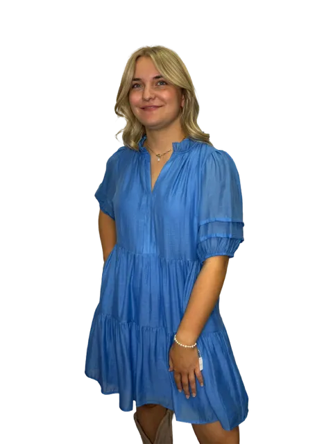 Shiny Tiered Blue V Neck Dress