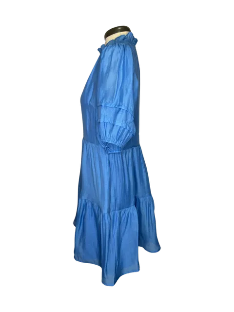 Shiny Tiered Blue V Neck Dress