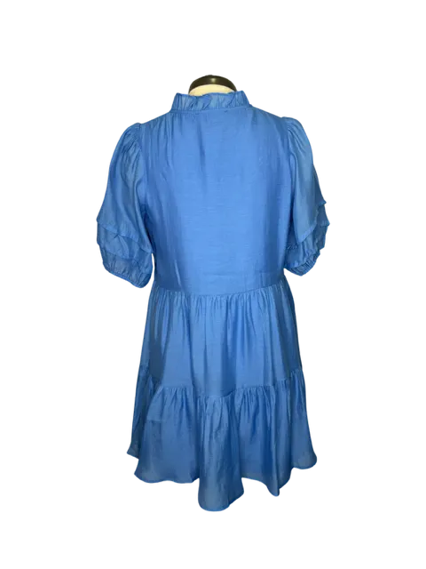Shiny Tiered Blue V Neck Dress