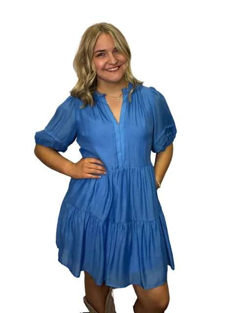 Shiny Tiered Blue V Neck Dress