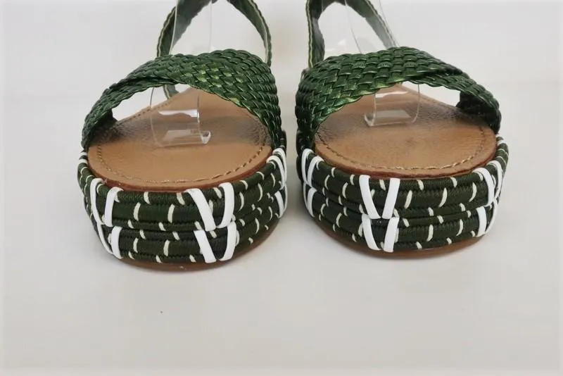 Sigerson Morrison Sandals Jaiyce Green Metallic Braided Leather Size 38 NEW