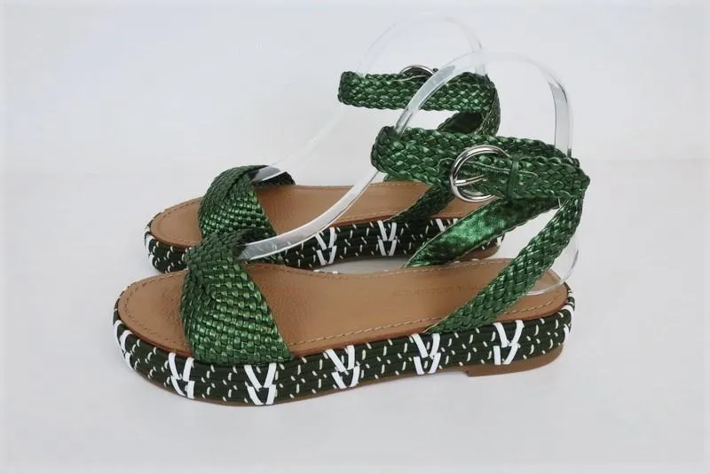 Sigerson Morrison Sandals Jaiyce Green Metallic Braided Leather Size 38 NEW