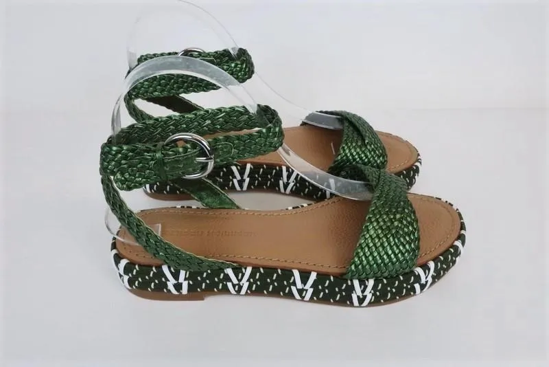 Sigerson Morrison Sandals Jaiyce Green Metallic Braided Leather Size 38 NEW