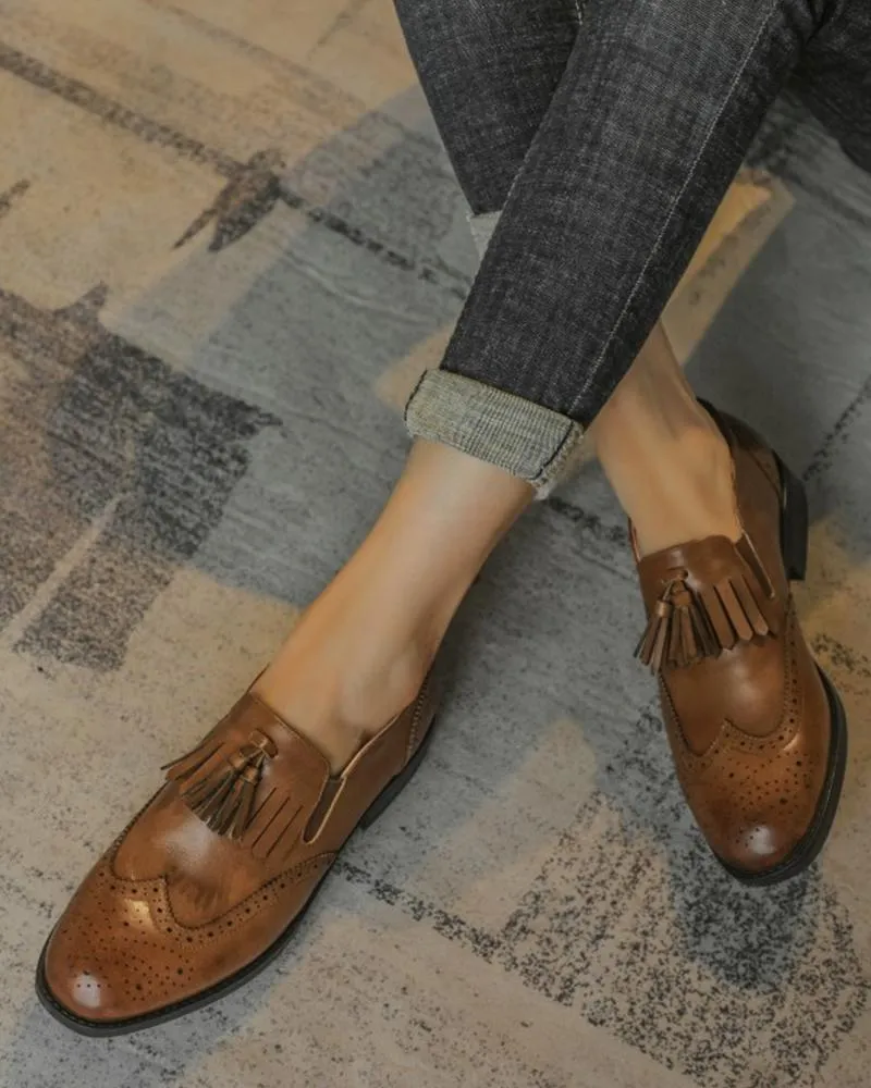 Solid Tassel Upper Round-toe Flat Loafer Shoes