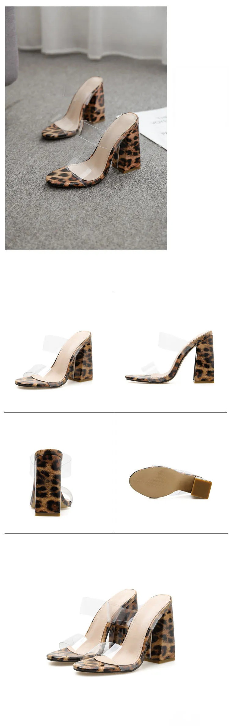 Summer Slippers Open Toe Transparent Film High Heels Large Size Leopard
