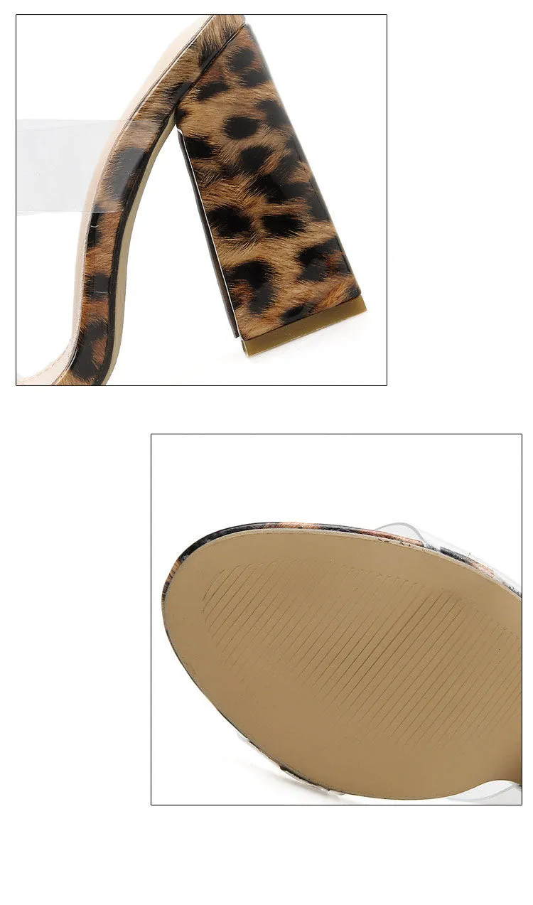 Summer Slippers Open Toe Transparent Film High Heels Large Size Leopard