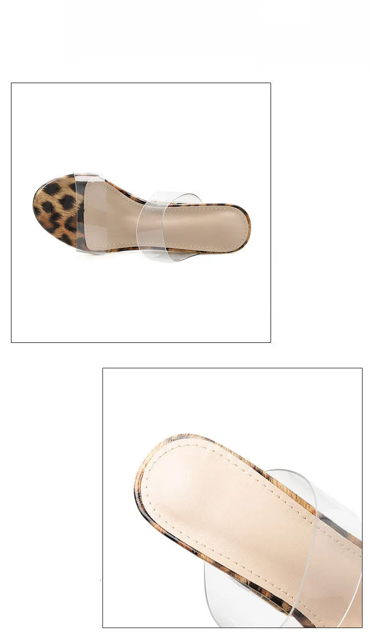 Summer Slippers Open Toe Transparent Film High Heels Large Size Leopard