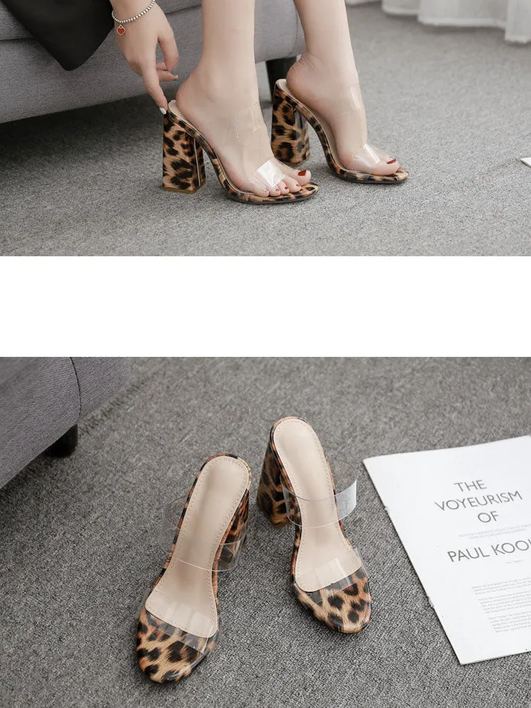 Summer Slippers Open Toe Transparent Film High Heels Large Size Leopard