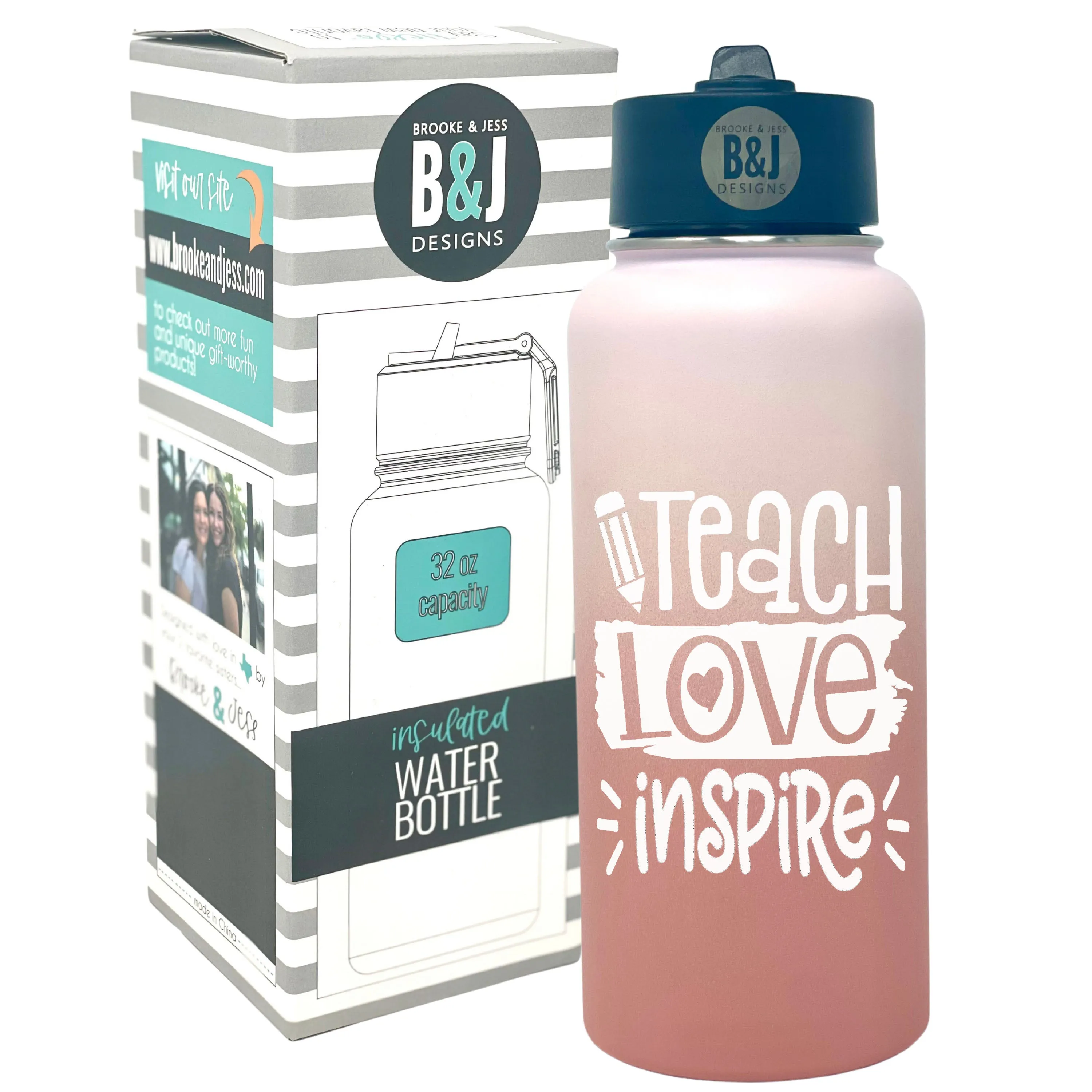 Teach Love Inspire 32 oz Rose Gold Water Bottle for Teachers