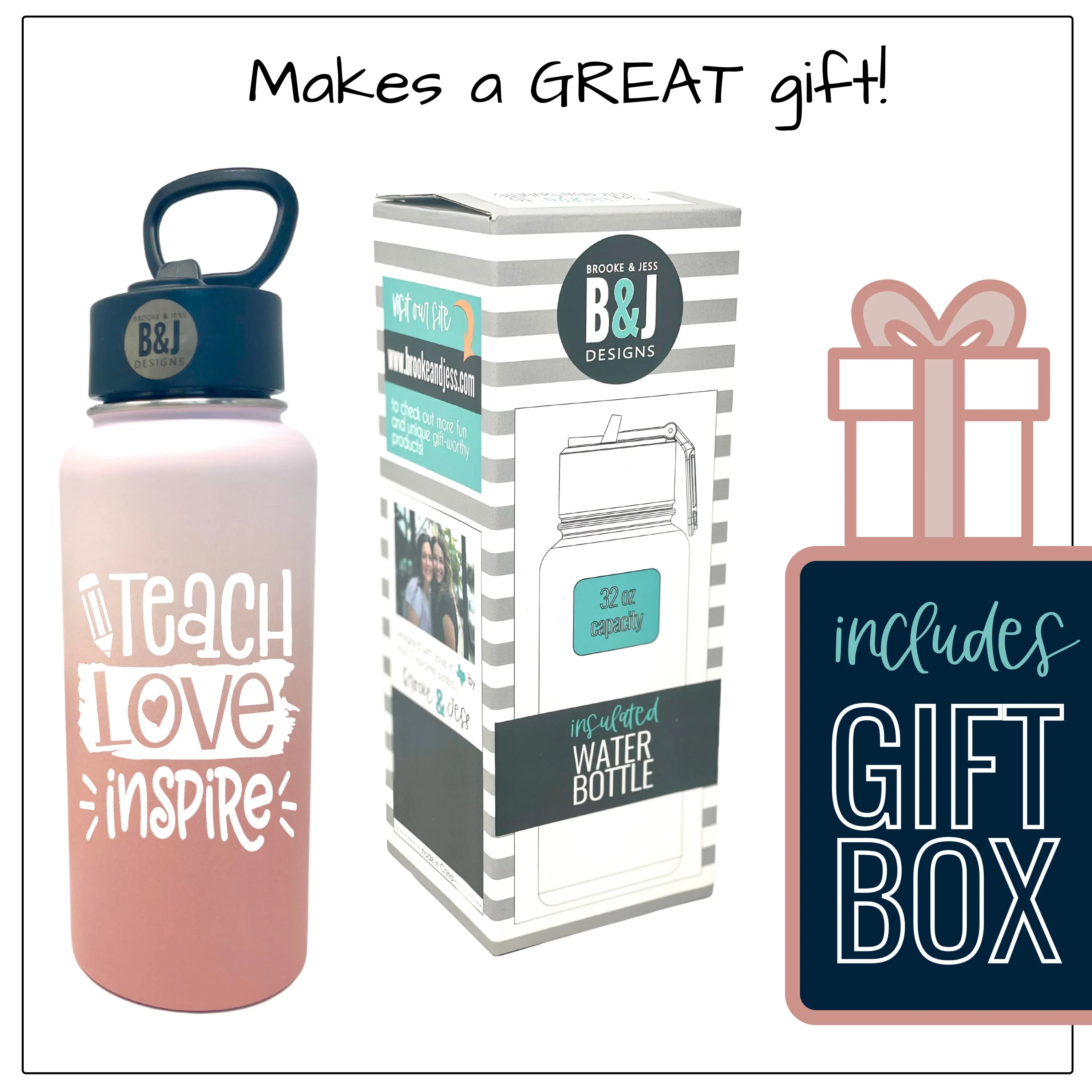 Teach Love Inspire 32 oz Rose Gold Water Bottle for Teachers