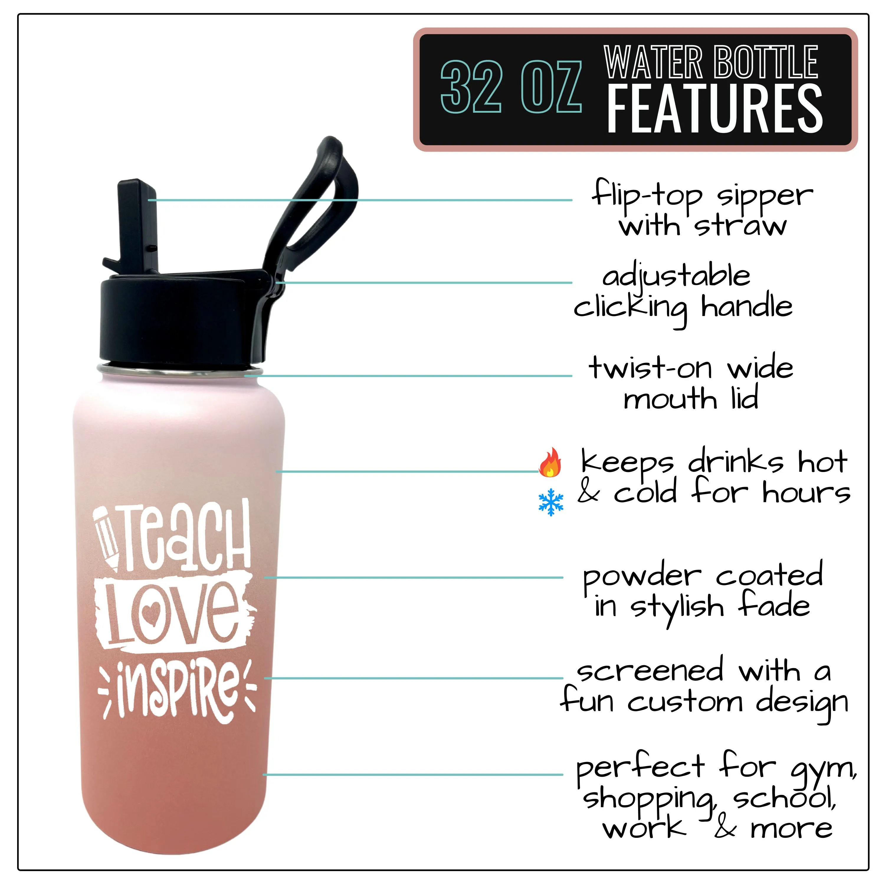Teach Love Inspire 32 oz Rose Gold Water Bottle for Teachers