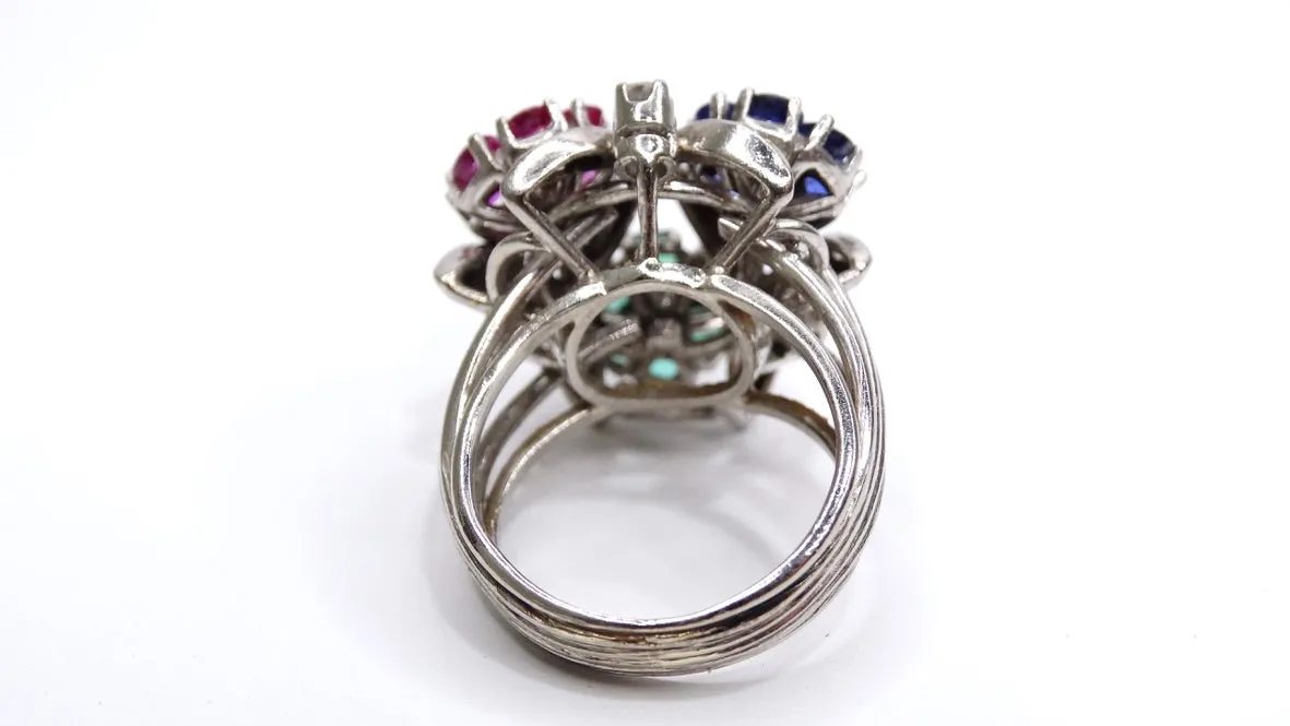 Van Cleef & Arples Platinum Floral Cocktail Ring Ruby, Emerald, Sapphires